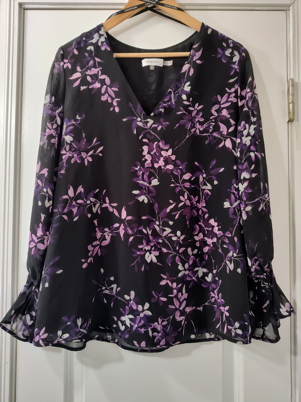 Calvin Klein Black Lined Sheer V-Neck Blouse with Purple Floral Print Plum Noir